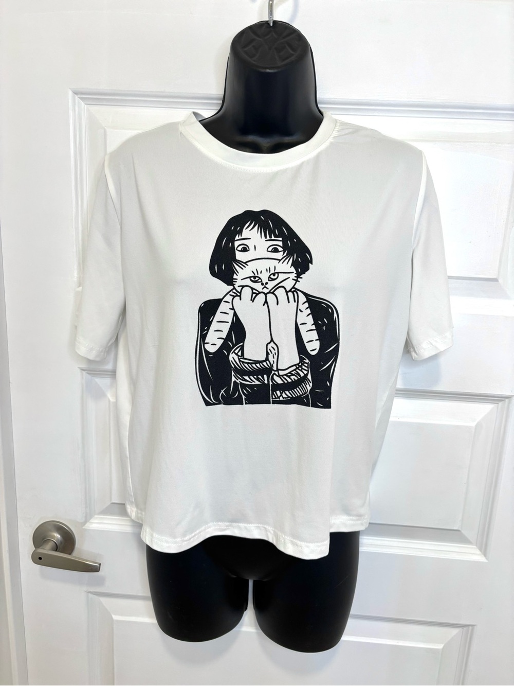 Off White Graphic Tee With Girl and Cat